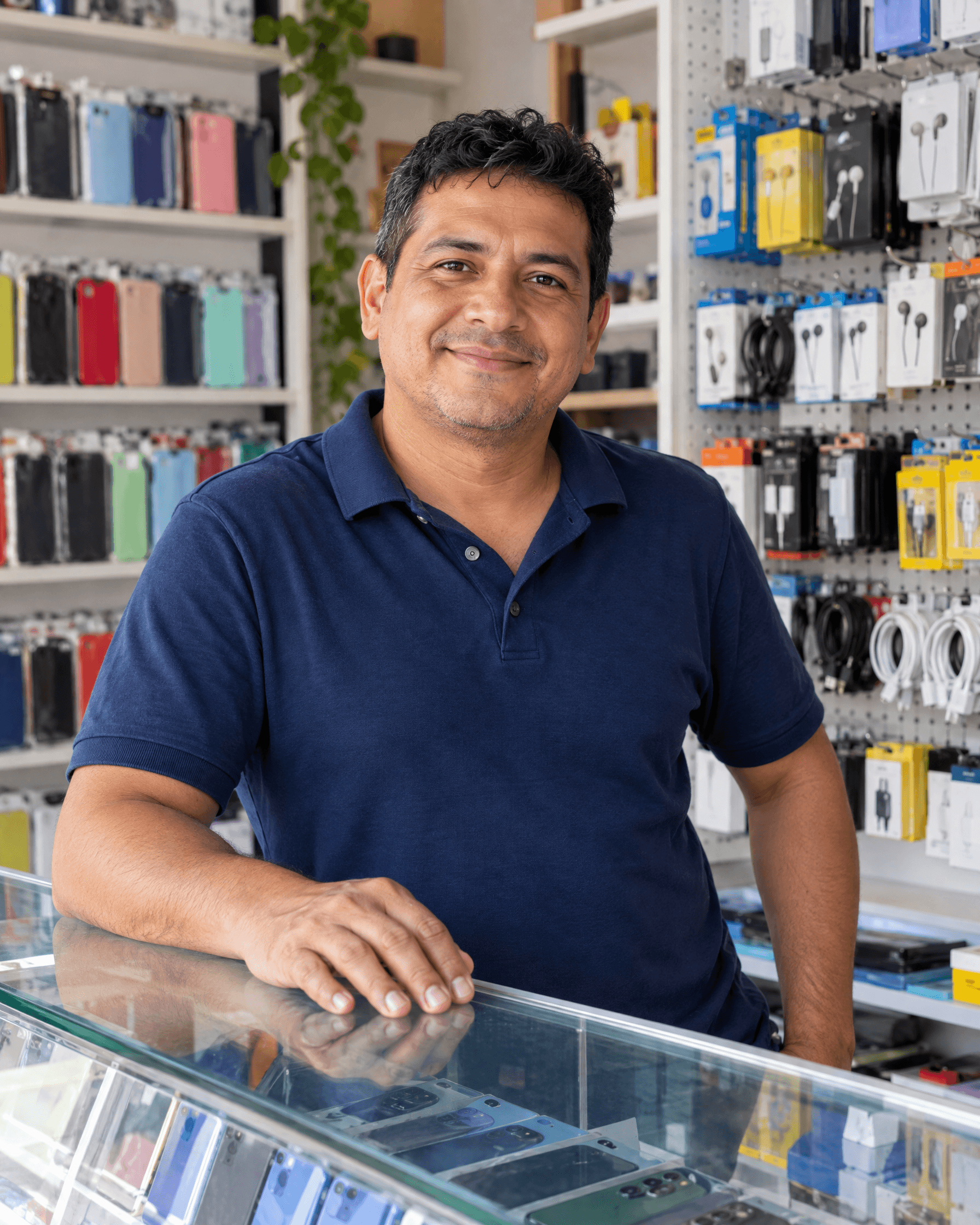 El dueño de una tienda de celulares atiende detrás de su vitrina.